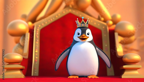 A digital art of a penguin wearing a crown and sitting on a throne