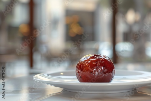 Fresh and vibrant dates in close-up on a white dish with an ambiguous background and text space for advertisement, Generative AI.