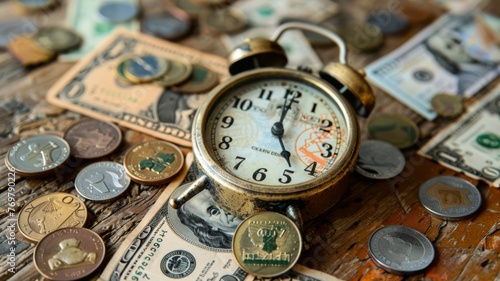 A clock with currency symbols instead of numbers, showing time's relation to wealth.