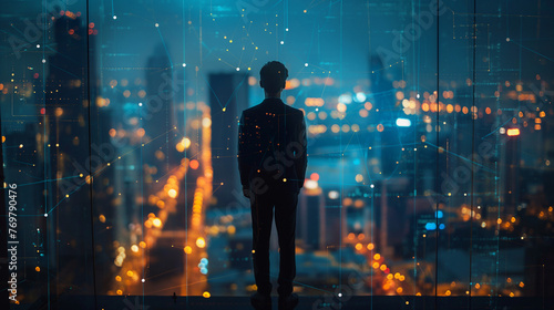 Young business man standing in the office watching the modern city night view with abstract polygon pattern connection with speed line light. SMART Business Goal concept. 