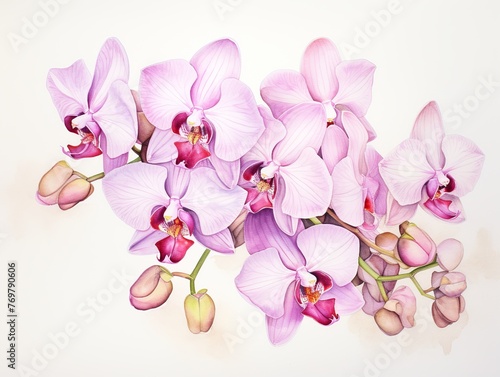 A painting of a bunch of pink orchids