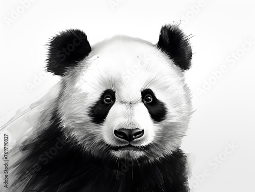 A panda bear with a black and white face is staring at the camera