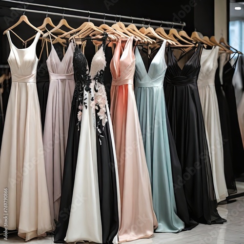 Many colorful BLACK ABD WHITE elegant formal BRAW for sale in luxury modern shop boutique. Prom gown, wedding, evening, BRAW dress details. Dress rental for various occasions and events,,