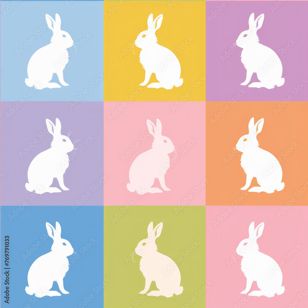 Minimalistic Vector White Bunnies on Colorful Pop Art Squares Seamless Pattern
