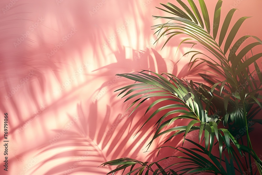For the presentation of a product, a high-end podium featuring vacant space and a pale pink and beige background with a shadow of tropical palm leaves, Generative AI.