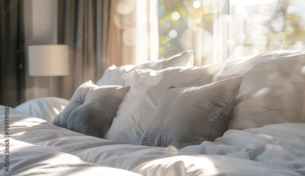 A luxurious hotel bed with white and grey pillows, bathed in warm sunlight from the window, showcasing clean linens and soft textures for an inviting atmosphere Generative AI A luxurious hotel bed with white and grey pillows, bathed in warm sunlight from the window, showcasing clean linens and soft textures for an inviting atmosphere Generative AI