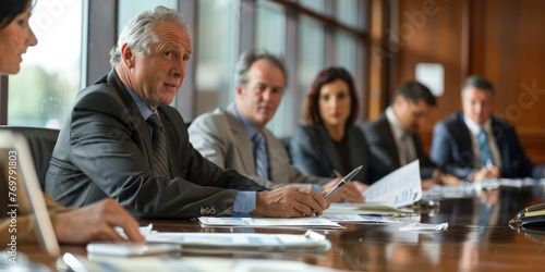 An accountant reviewing spreadsheets in a boardroom meeting. 