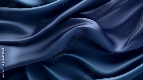 Silk satin fabric. Navy blue color. Abstract dark elegant background with space for design. Soft wavy folds. Drapery. Gradient. Light lines. Shiny. Shimmer. Glow.Template - generative ai