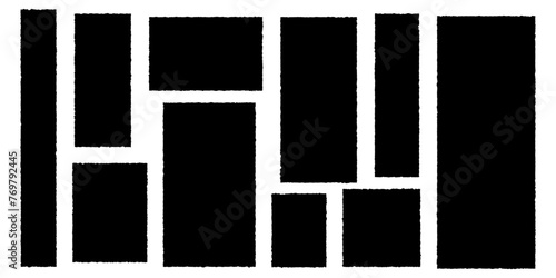 Vertical rectangular shapes with rough edges. Collection of square rectangles isolated on white background.