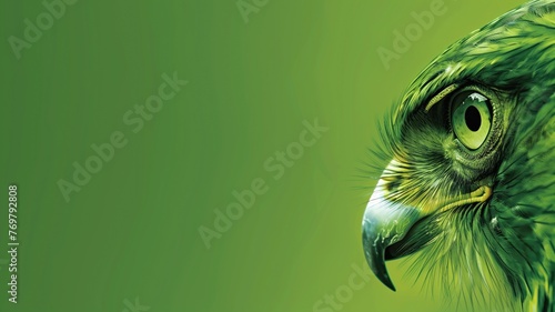 Close-up of a green-toned bird prey's eye and beak against green background.
