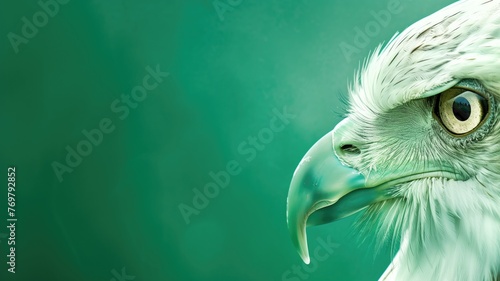 Close-up of an eagle's head against a green background, showcasing its sharp beak and intense eye.
