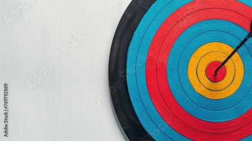 An arrow hitting the bullseye of a colorful archery target against white background. photo