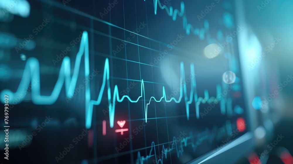 Digital health monitor interface with glowing blue ECG lines and heart symbols indicating heartbeat on a dark backdrop. Digital health monitor interface with glowing blue ECG lines and heart symbols indicating heartbeat on a dark backdrop.