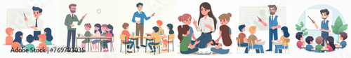 set of vector illustrations of a teacher and students in classroom