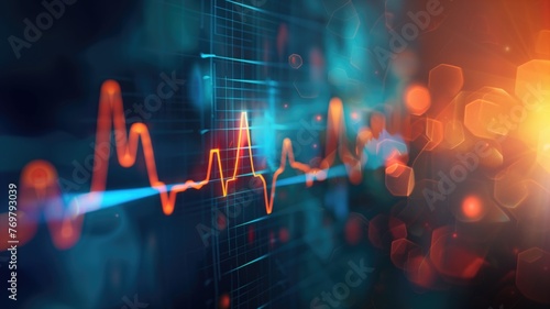 Abstract digital background featuring a pulsating heart rate monitor line with grid and floating hexagonal shapes. photo