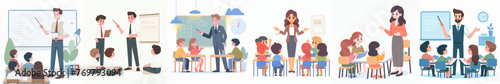 set of vector illustrations of a teacher and students in classroom