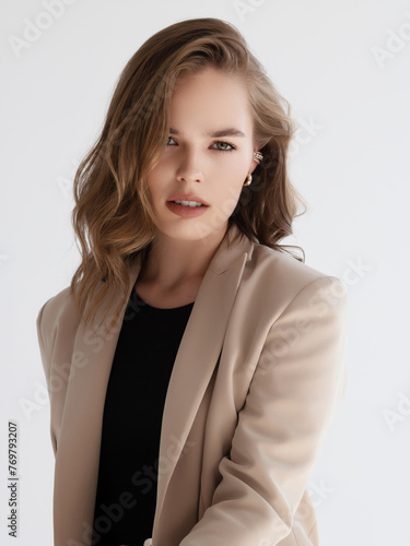 Natural look. Beauty model woman . Model test portrait with young beautiful fashion model posing on dark grey background. Blond woman in a biege blazer . Natural makeup