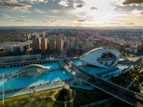 Aerial view of City of Arts and Science of Valencia, SPAIN. Beautiful panoramic view of all region. View of Queen Sofia Palace of Arts. Sunset point with beautiful warm colours reflecting on buildings