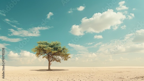 A solitary tree with lush green leaves stands in the vastness of a sunlit desert under clear blue sky.