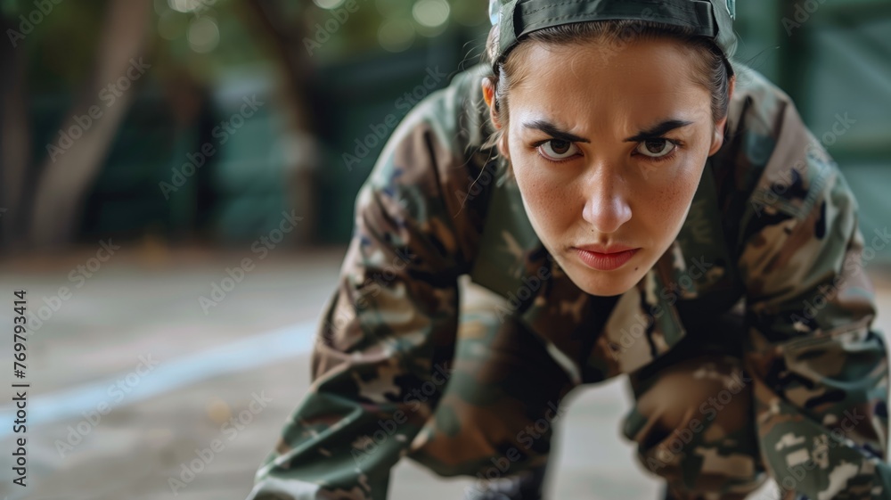 Determined woman in military camouflage gear doing push-ups with focused expression.