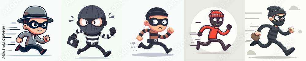 set of vector illustrations of a criminal running in flat design style