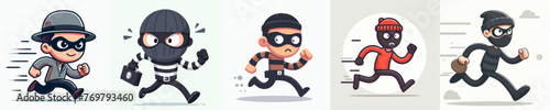 set of vector illustrations of a criminal running in flat design style