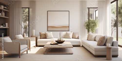 A chic townhome facade seamlessly blending with a modern living room interior, boasting clean lines, neutral tones, and elegant furnishings, all portrayed with realism in lifelike 3D visualization. © Naseem