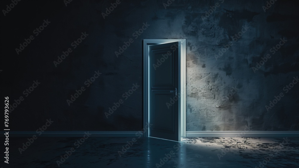 A slightly open door in a dark room with light shining through the gap creates mysterious atmosphere.