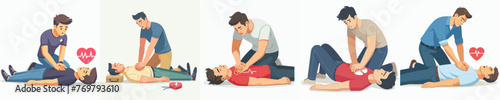 Vector Set of young man performs heart massage on man lying on the ground suffering from heart attack photo