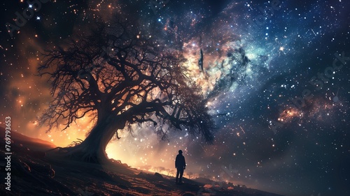 A person stands under a vast starry sky next to large tree, with the Milky Way illuminating night.