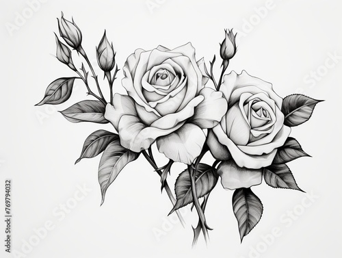 A black and white drawing of two roses with green leaves