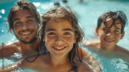 A happy family has fun in a natural thermal pool.