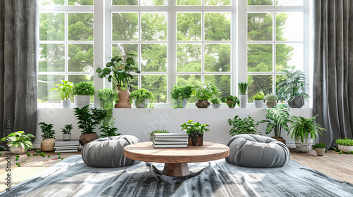 Scandinavian Style Modern Living Room with Green Plants, Bright Whites, and Wooden Accents
