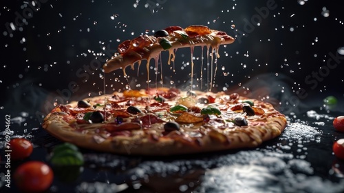 Photorealistic masterpiece Mesmerizing pizza soaring out of the camera lens in meticulous detail.