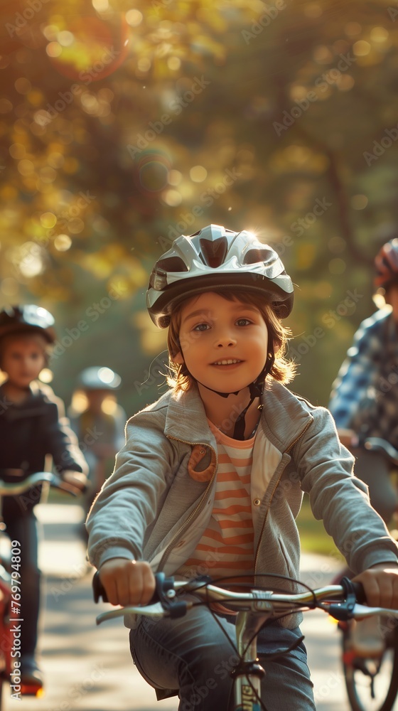 Smiling, joyful child rides a bicycle in the park, with other children on bikes in the background. Happy and active childhood, outdoor fun. Smiling, joyful child rides a bicycle in the park, with other children on bikes in the background. Happy and active childhood, outdoor fun.