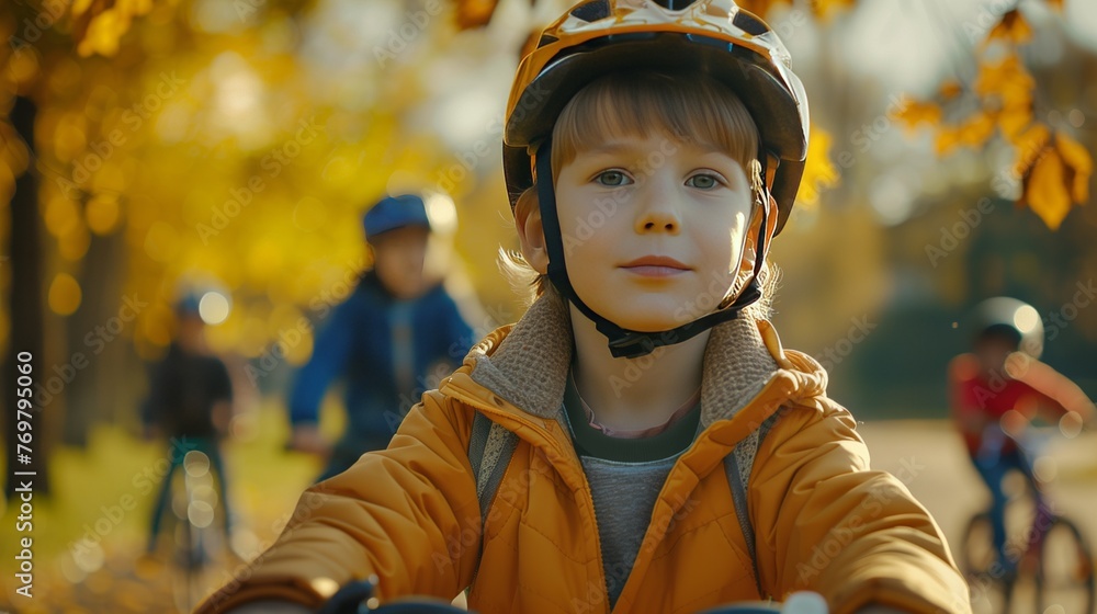 Smiling, joyful child rides a bicycle in the park, with other children on bikes in the background. Happy and active childhood, outdoor fun. Smiling, joyful child rides a bicycle in the park, with other children on bikes in the background. Happy and active childhood, outdoor fun.