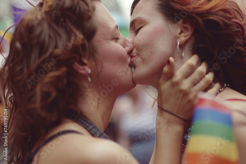 With pride and joy, the lesbian couple shared a tender kiss amidst the festivities of the parade
 photo