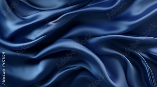 Silk satin fabric. Navy blue color. Abstract dark elegant background with space for design. Soft wavy folds. Drapery. Gradient. Light lines. Shiny. Shimmer. Glow.Template - generative ai