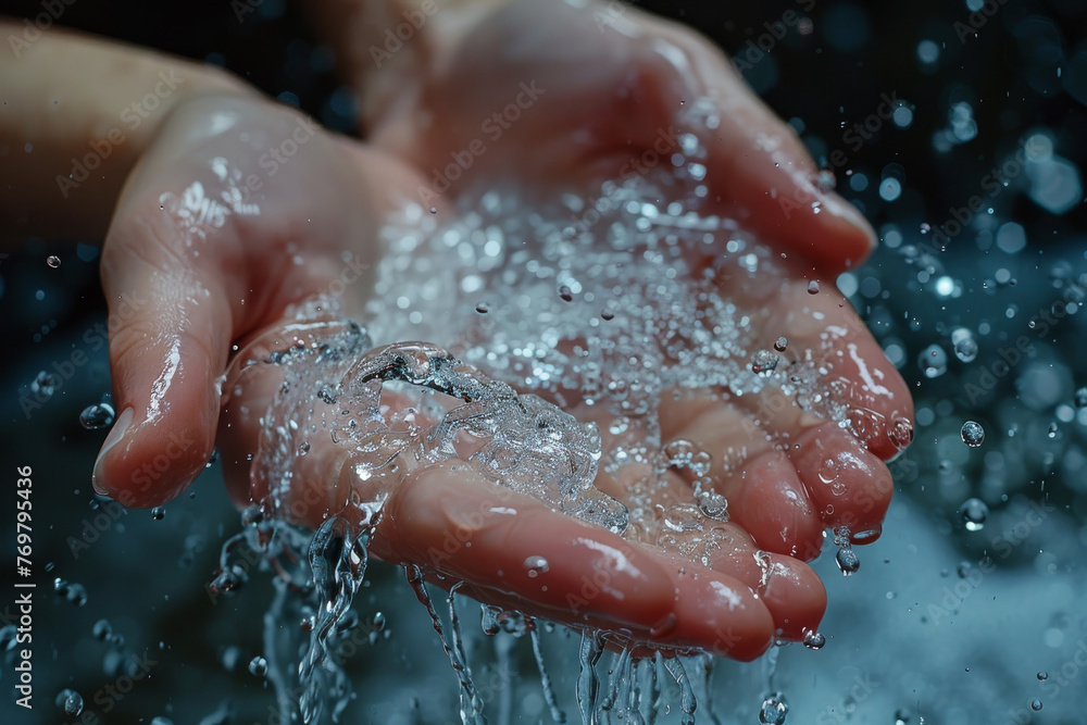Fototapeta premium Cupped hands catching clear splashing water on dark background