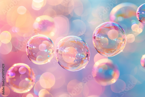 Transparent soap bubbles with pink and blue hues against a soft background