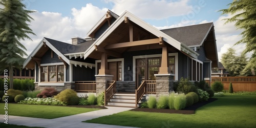 A classic Craftsman-style exterior boasting warm wood details, gabled rooflines, and a cozy front porch, complemented by a modern living room interior with open-concept design and elegant. photo