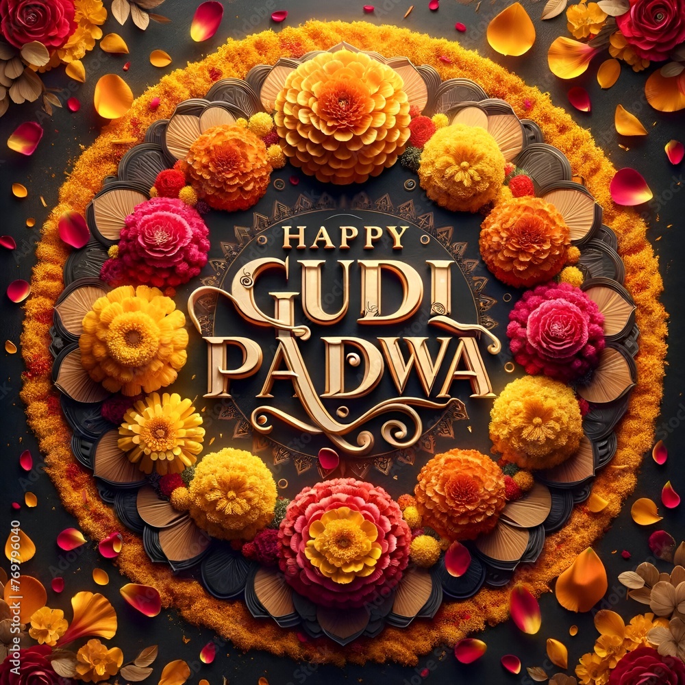 Fototapeta premium Realistic wallpaper for gudi padwa with a circular arrangement of flowers.