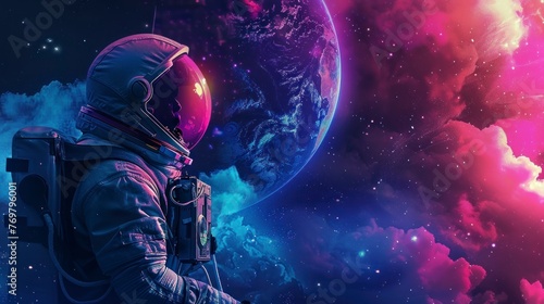 astronaut in profile looking at the universe with many neon colors in high resolution