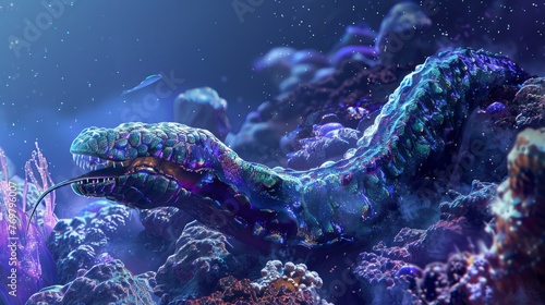 A vibrant sea serpent slithers among a bustling underwater coral reef, illuminated by mystical light. © doraclub