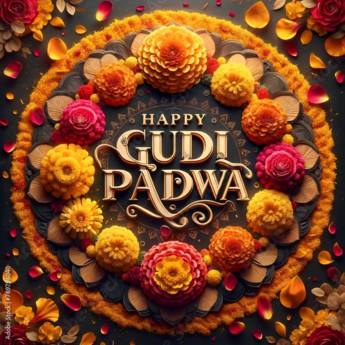 Realistic wallpaper for gudi padwa with a circular arrangement of flowers.