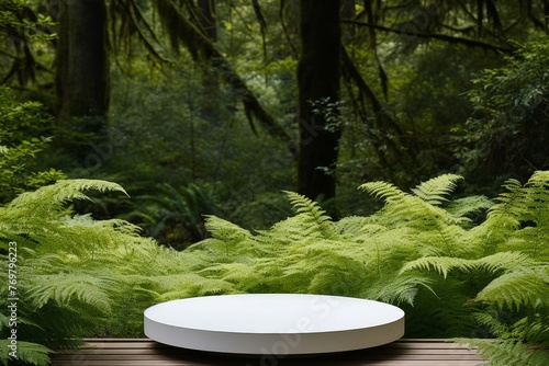 Circular white product presentation podium set against lush forest background for natural showcasing
