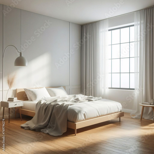 Pared marrón beige en blanco en un dormitorio moderno y lujoso a la luz del sol desde las persianas, cama de madera, manta gris, almohada, mesita de noche en el suelo de parquet para decoración. © Fabian