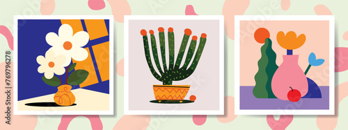 Beautiful abstract flowers and plants in pots, vase rough hand drawn vector illustration. Floral, houseplants, gardening art print.