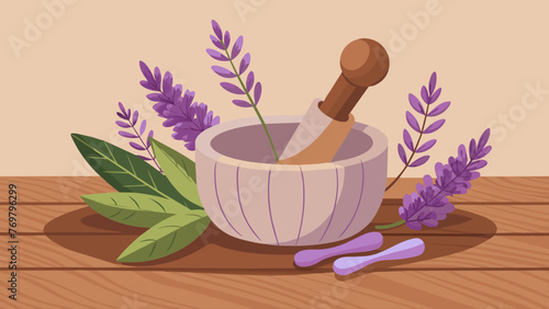  A mortar and pestle sits on a rustic wooden table filled with freshly picked lavender buds. The gentle curves of the pestle show the careful and