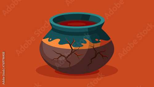  A cracked clay pot filled with a dark pungent liquid a traditional medicine made from fermented herbs and used to boost immunity.